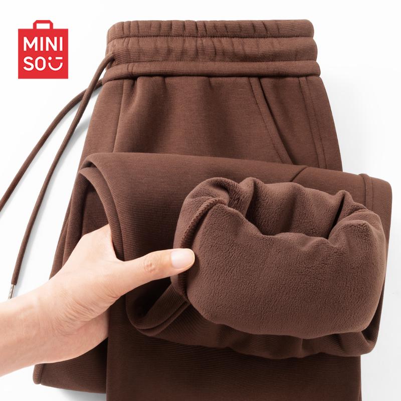 MINISO Men's Autumn/Winter Plush-Lined Curved Leg Drawstring Casual Pants