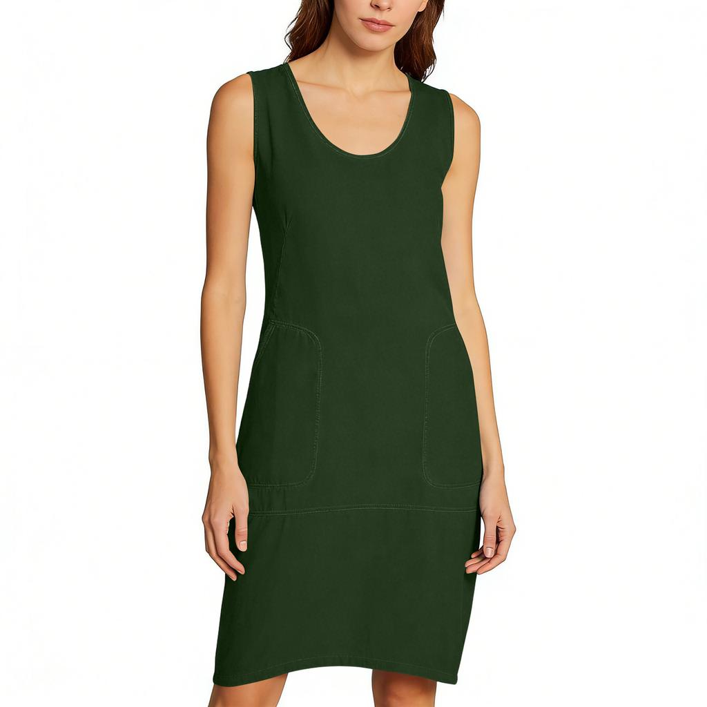 Womens Fashionable Loose-Fit Sleeveless Cotton-Linen -Color Dress With Pockets