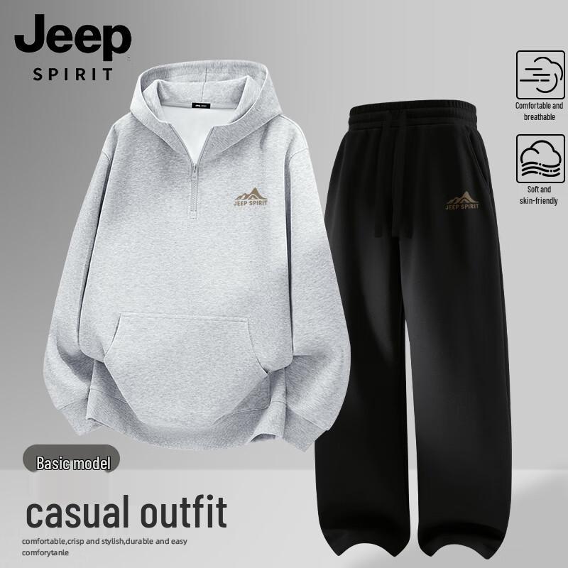 JEEP SPIRIT Men s Half-Zip Hooded Sweatshirt & Straight Casual Pants Set 3XL