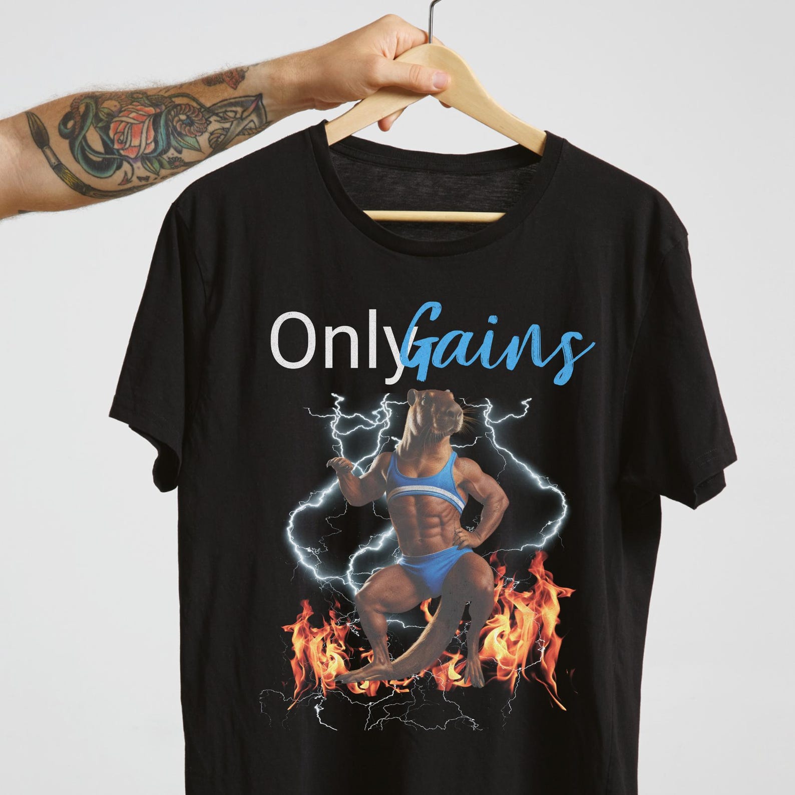 Funny Gym Capybara T-Shirt: Only Gains Workout Meme XL