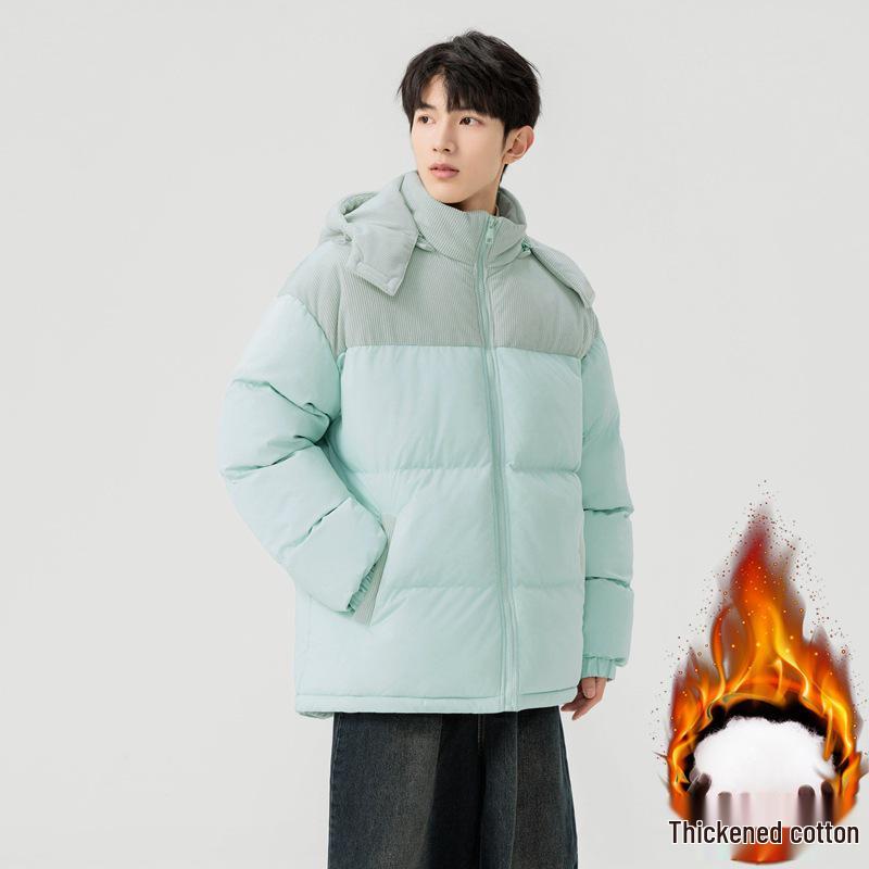 

Unisex Hooded Cotton Jacket - Winter Style, Contrasting Color Patchwork, Thickened, Warm, Loose-Fit Casual Comfort L [125-145 lbs] світло-блакитного кольору
