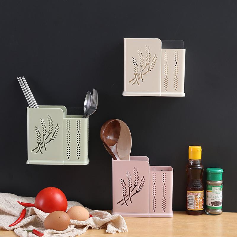 Household Punch-free Chopsticks Cage Plastic Compartment Wall-mounted Tableware Drain Rack Hollow Spoon Holder Kitchen Tools