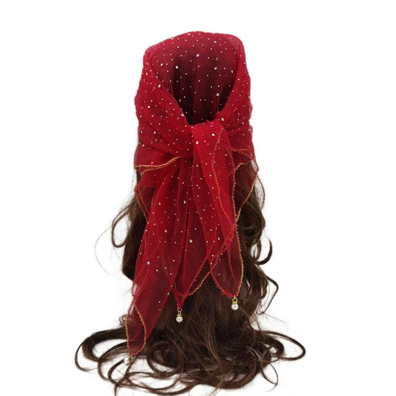 Versatile Pearl Tassel Rhinestone Square Scarf Lace Trim Hair Wrap Full Sky Star Headwrap Solid Color Breathable Fabric Scarf