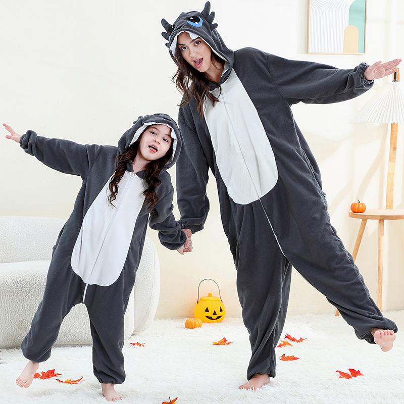 Adult & Children Polar Fleece Animal Jumpsuit - Parent-Child Party Costume Small