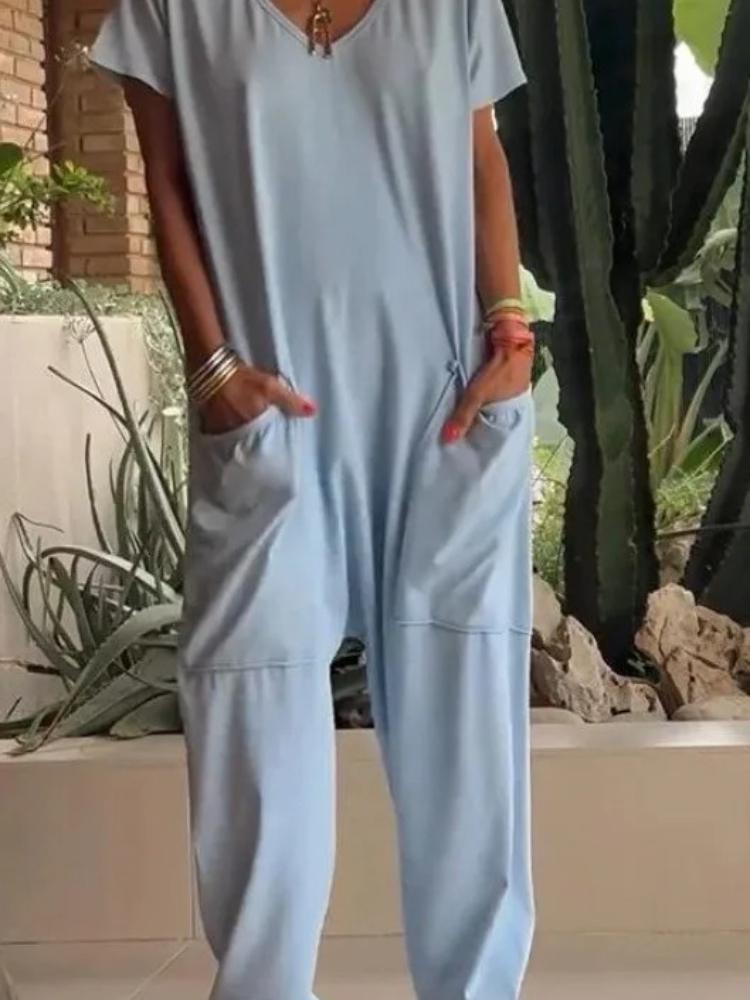 Zomer Vintage Jumpsuits Dames Korte Mouw Losse Playsuit Overall Romper Effen Elegante Zak Rompers Één Delig