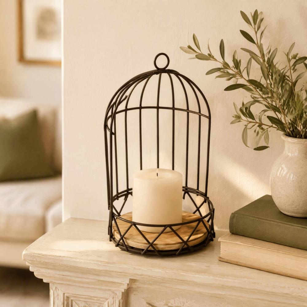Vintage Birdcage Planter Stand Iron Frame,Wooden Board Bird Cage Table Decor  Vase Bouquet Display