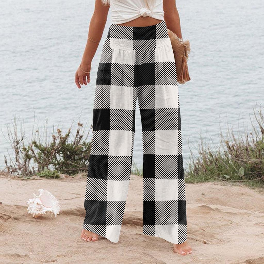 Women's Summer Elastic Waist Plaid Printed Cotton And Linen Loose Trousers
