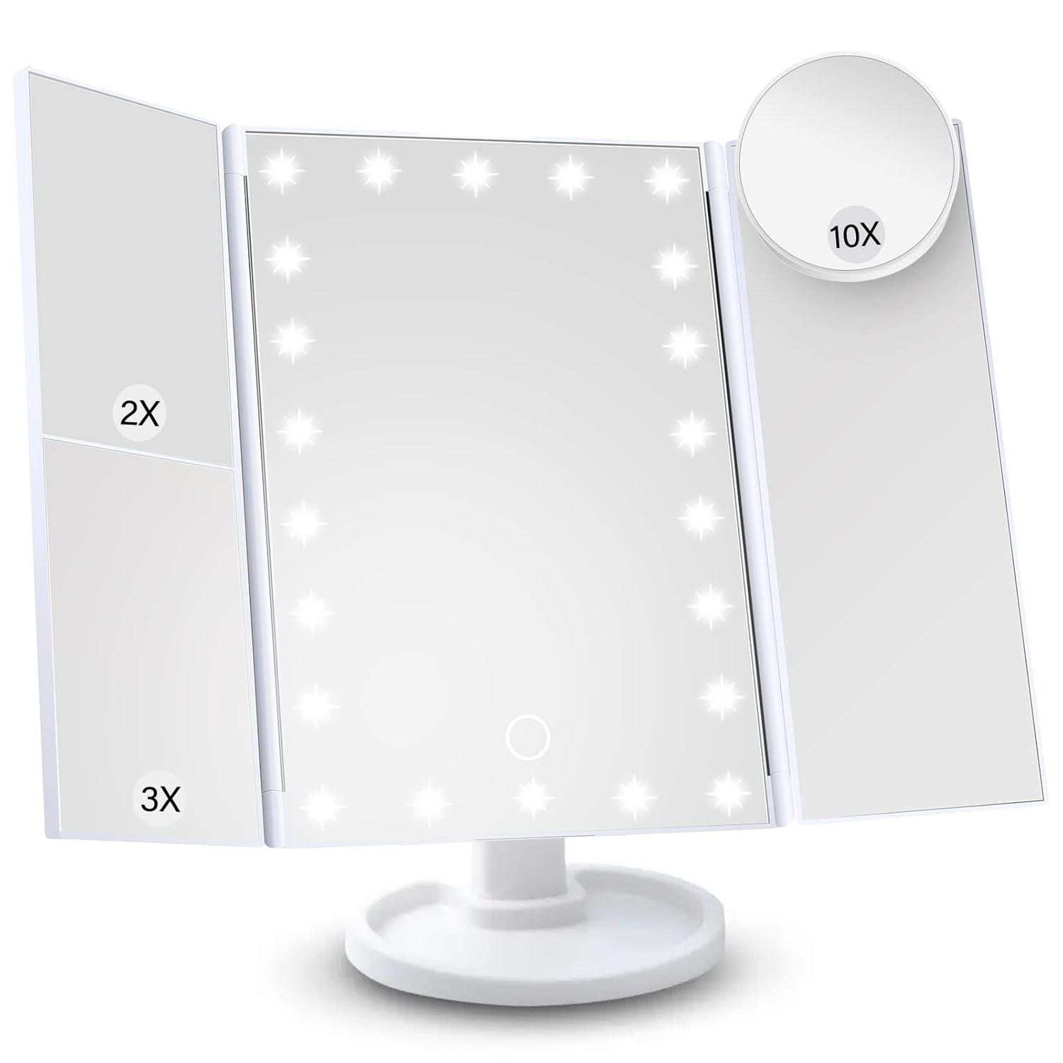 

Trifold Vanity Lighted Makeup Mirror with Lights, 2X/3X/10X Magnification Two Power Supply, Travel Cosmetic Mirror with Lighting белый