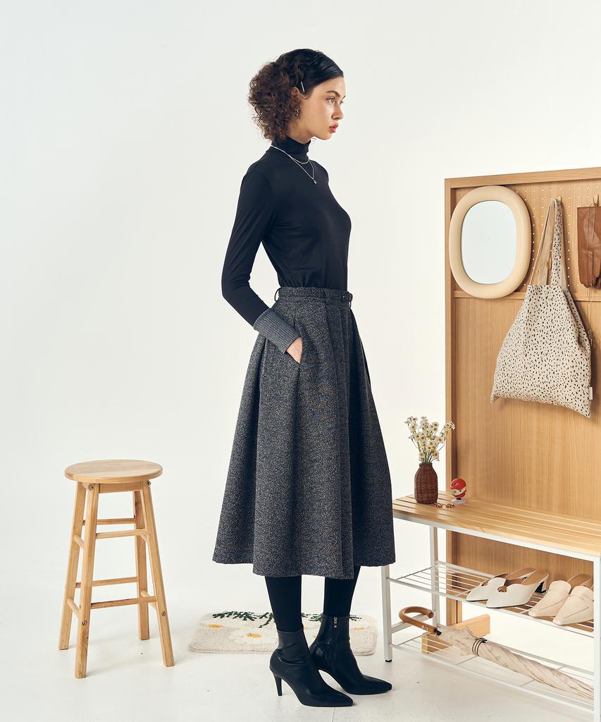 Pelimela Twill A-Line Belted Skirt (Gray)