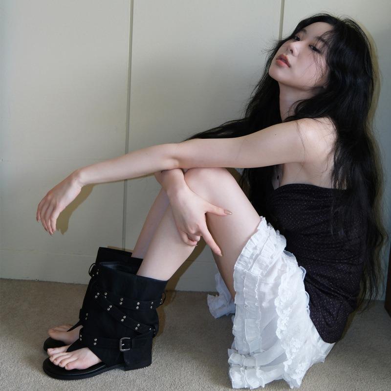 Sheepskin Version~ Toe Sandals Women's Summer Outer Wear Inner Height Increase Spice Girl Round Head Pants Boots Flip-flops Women's Shoes Cool Boots