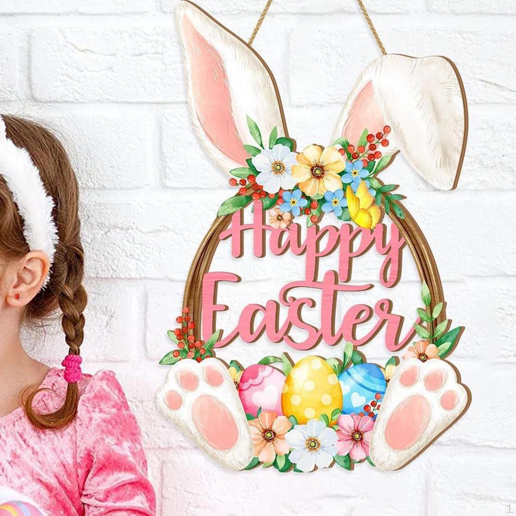 Easter Bunny Door Sign Hanger Wall Art Decor Floral Spring Eggs Hanging Plaque for