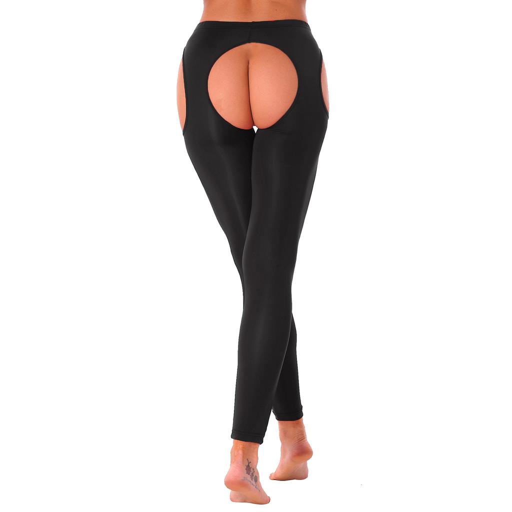 Womens Hollow Out Leggings Glossy Elastic Waist Crotchless Design Stretchy Nightwear Bottoms