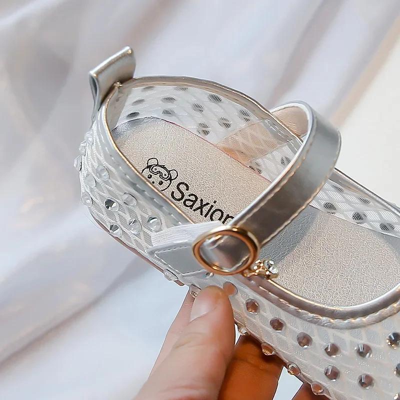 Girls Mesh Shoes Round Toes Kids Princess Shoes Shiny Crystal Elegant Summer Kids Flat Shoes Breathable Non-slip Soft