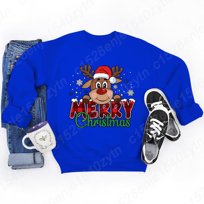 Women's Festive Christmas Reindeer & Plaid Graphic Sweatshirt, Casual Loose Fit, Long Sleeve, Crew Neck Sweatshirts for Winter