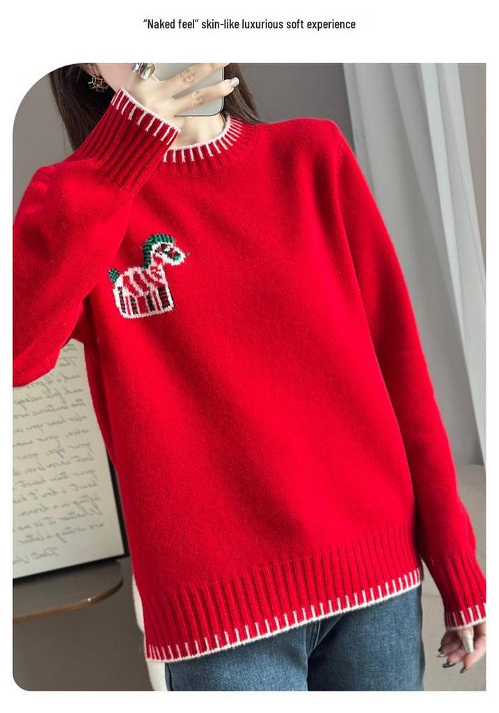 Women's Loose Color Block Round Neck Wool Sweater - Autumn/Winter Thick Knitted Layer