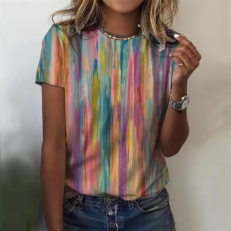

Summer Round Neck 3D Print Colorful Graffiti Top Fashionable Casual Short Sleeved Women s T-shirts XS