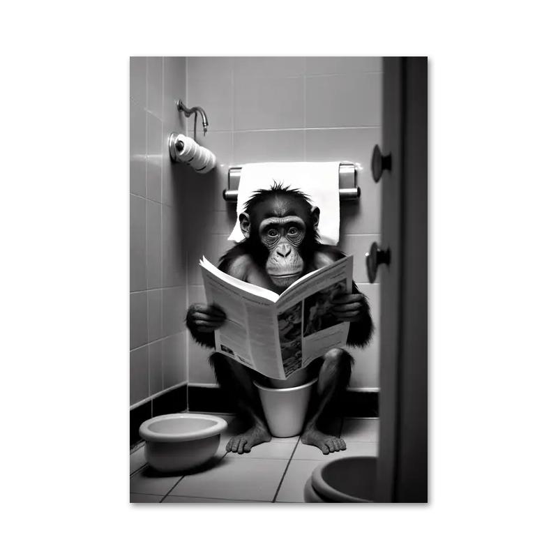 Funny Bathroom Humorous Animal Bear Dog Tiger Sitting On Toilet Reading Newspaper Canvas Painting Posters and Prints Wall Art