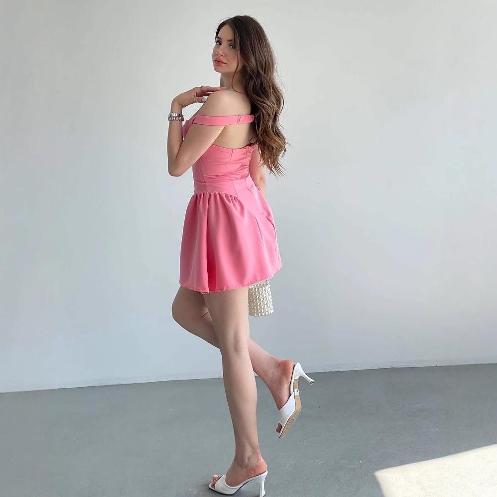 2025 Summer European & American Women's One-Shoulder Sexy Waist-Cinching Solid Color Dress