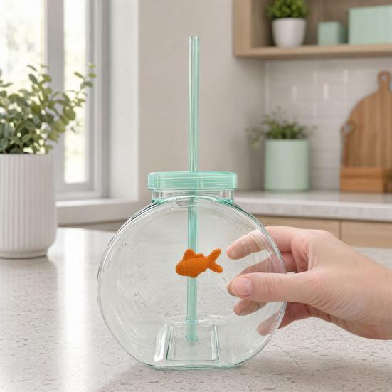 Fish Bowl Bottle with Straw, Plastic Fishbowl Tumblers with Lids, Unbreakable Ornament Cups for Drinks Summer Drink, Fashioned Table Goldfish Bowl
