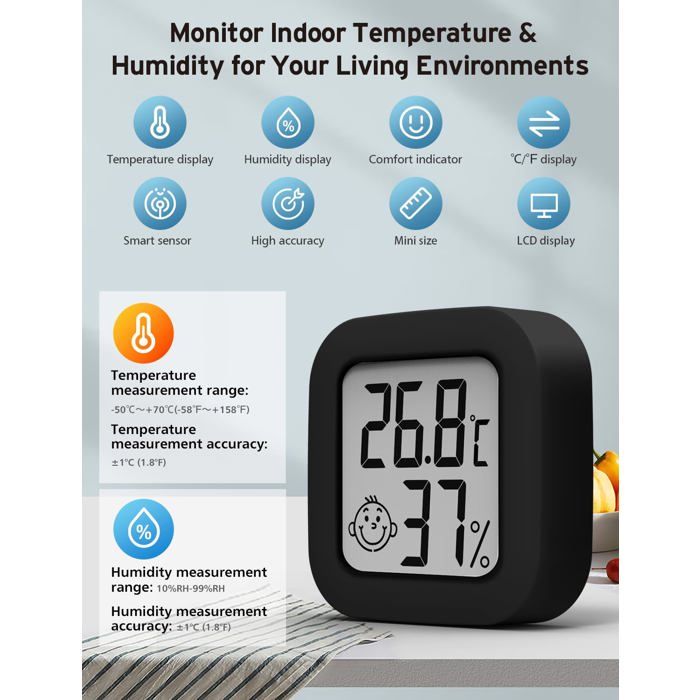 Mini Thermomètre Hygromètre Digital Intérieur Noir - Précision ±1°C, 10–99% RH, CR2032