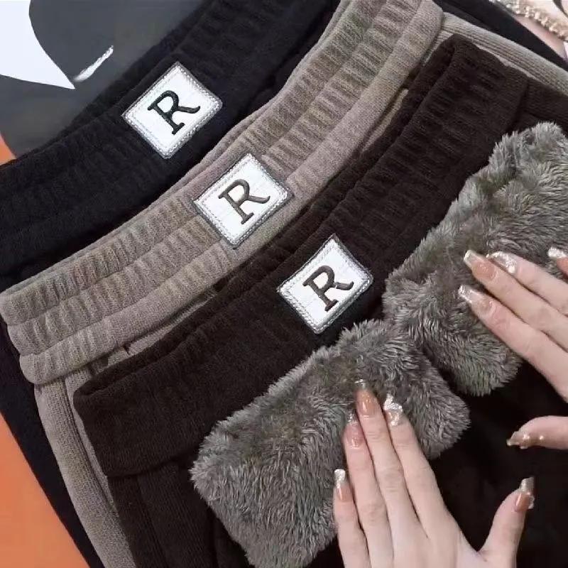 Women's Fall and Winter Fleece Warm Outerwear Haren Pants Large Loose Straight Leg Casual Pants