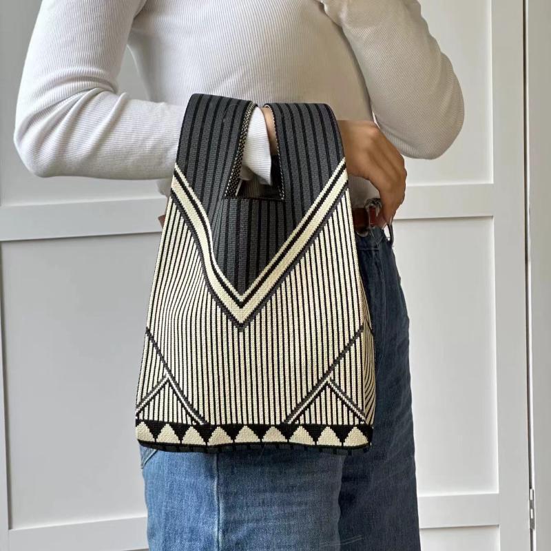 Geometric Striped Knit Mini Handbag Women Fashion Reusable Wrist Tote Bag Lightweight for Daily Use Shopping Gifts