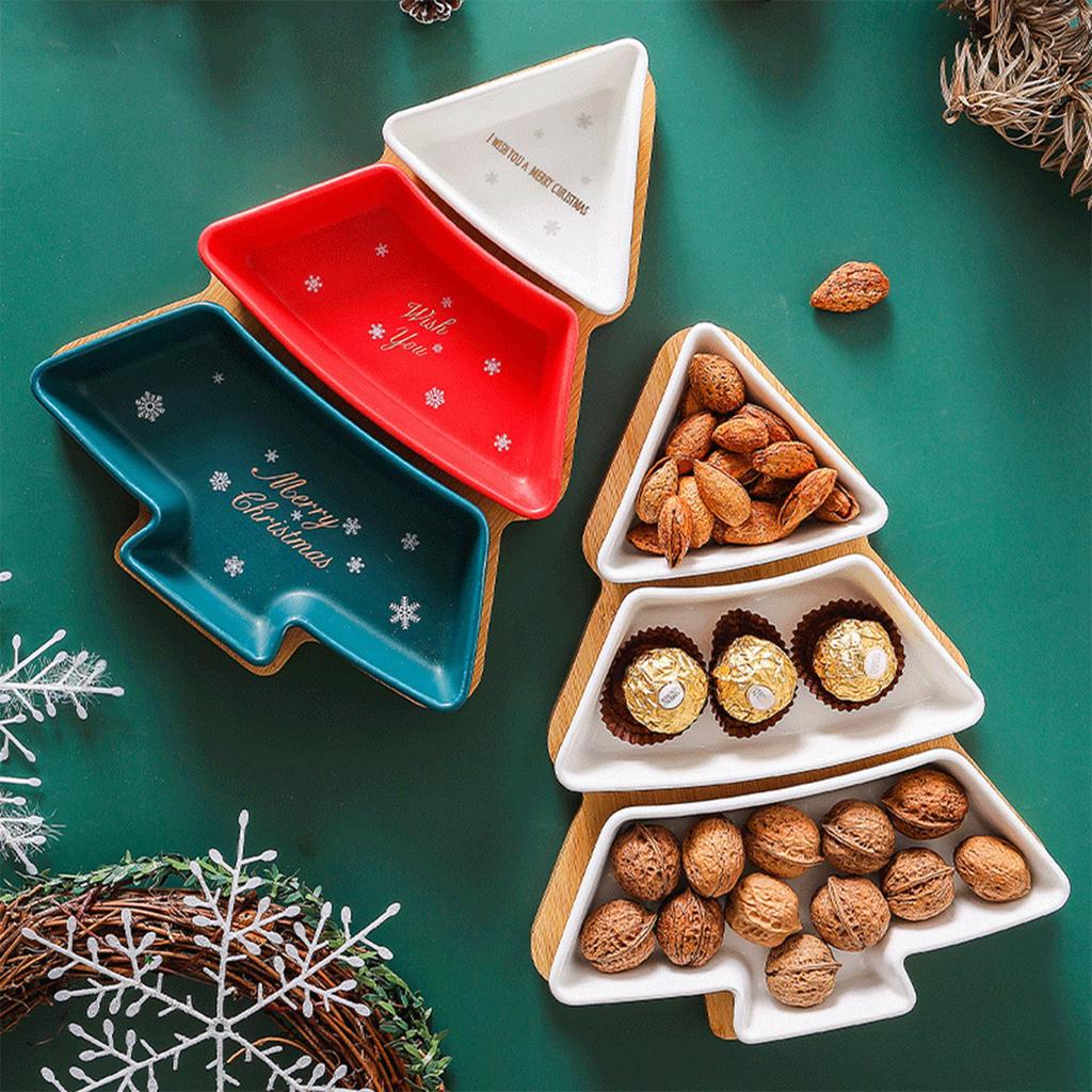 Christmas Tree Tray, Snack Serving Tray, Holiday Serving Dish, Ceramic Snack Bowls, Bamboo Serving Tray