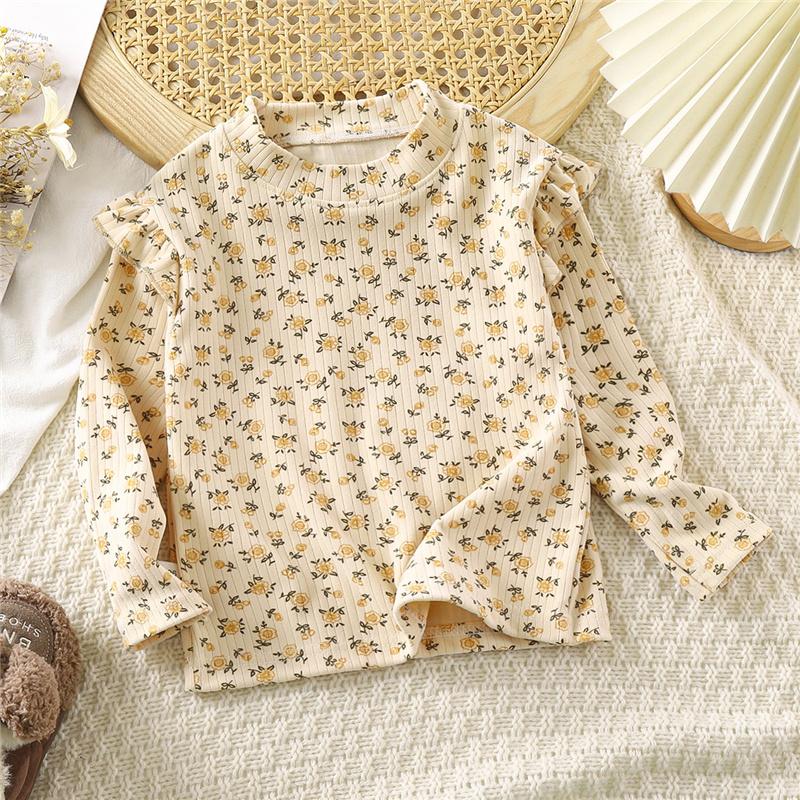 2-10Y Girls Flutter Sleeve T-Shirt Spring Autumn Blouse Floral Print Top Casual Tee for Toddler Kids