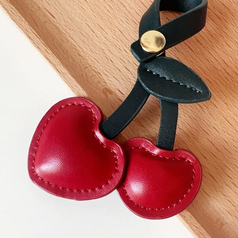 3D Cherry Keychain Charm Bag Accessory Fashionable PU Leather Fruit Shape Key Ring Ornament for Women Handbag Decoration