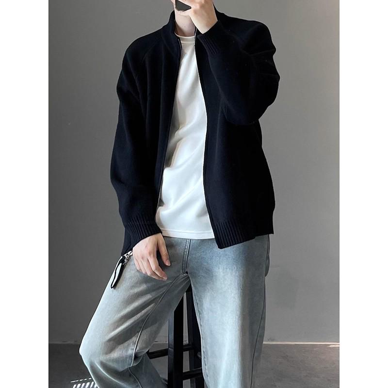 Men's Autumn Retro Minimalist Knit Jacket - Long Sleeve Stand Collar Cardigan Sweater