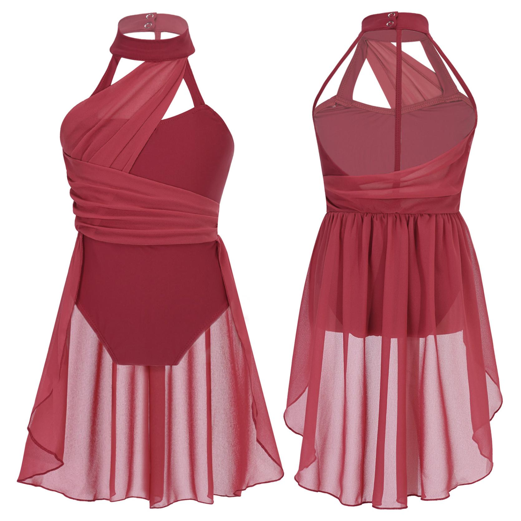 

Дитяча гімнастична танцювальна сукня без рукавів, танцювальний костюм для дівчаток, шифоновий ліф, купальник, танцювальний костюм 14-16 Years бордовий