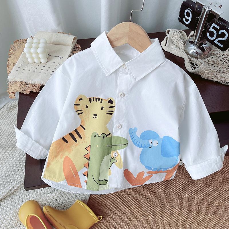 Cute Boys White Shirt With Cartoon Animal Print Fresh Casual Long Sleeve Top For Kids