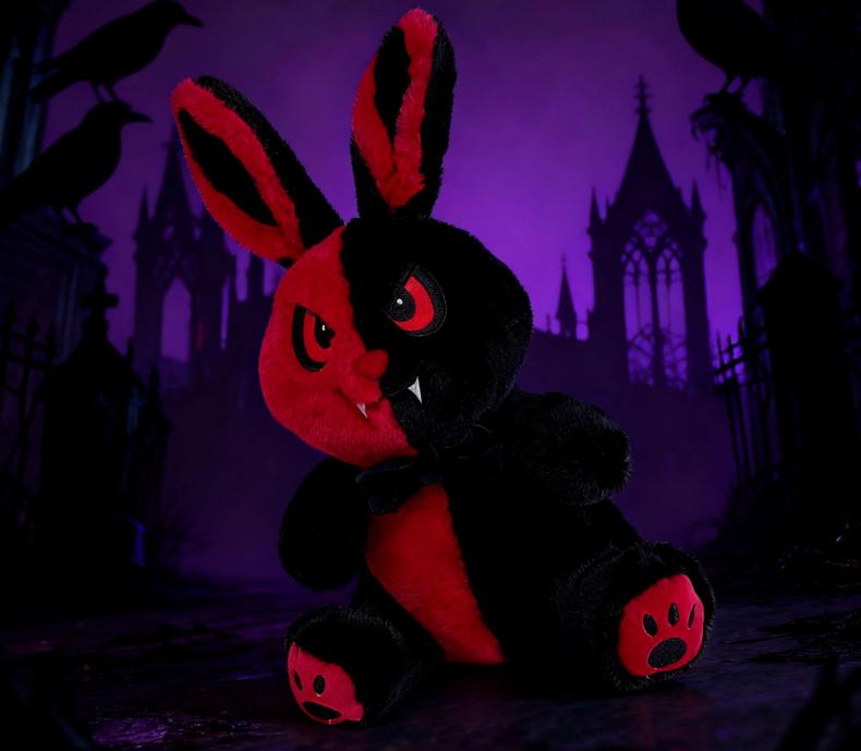 36cm Halloween Rabbit Plush Toy, Spooky Gothic Bunny Stuffed Animal, Red Black Vampire Fangs Demon Creepy Cute Doll Gift Decor