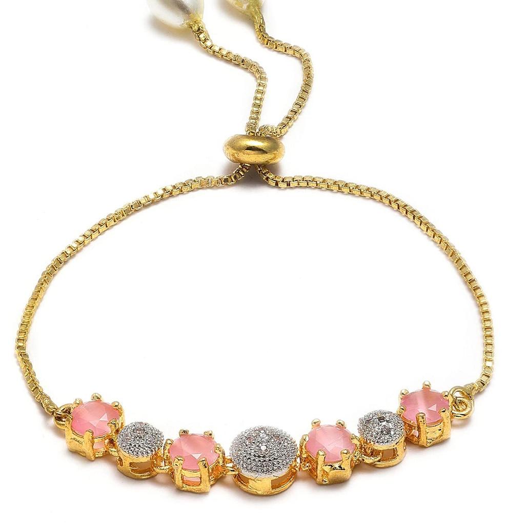 ZENEME Gold Plated Red & White American Diamond Studded Necklace  Set For Woment and Girl