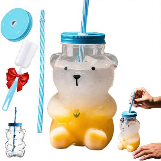 Medvědí skleněný pohár s víčkem a brčkem Opakovaně použitelný medvědí brčkový pohár Roztomilý skleněný tumbler na kávu, pivo, víno, koktejl