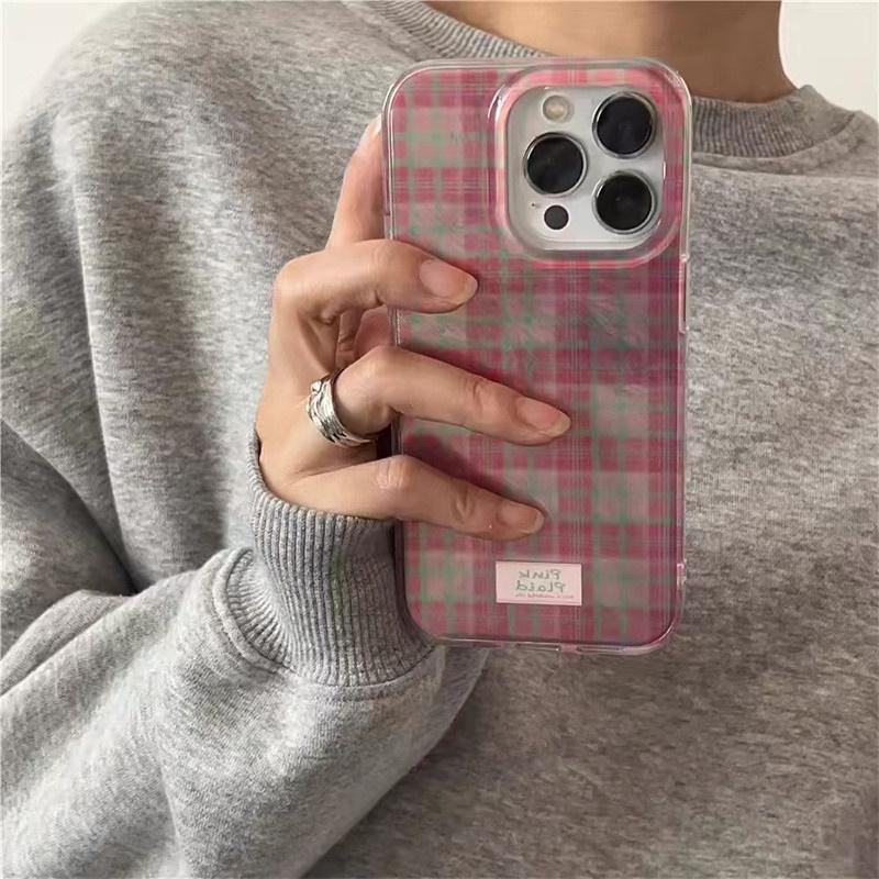 Ins Pink Small Grid Phone Case for Iphone 16 12 14 15 Pro Max 14pro 13 7 8 Plus X XR XS 16pro 15promax Shockproof Cover Shell