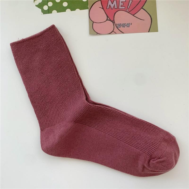 Bomull Ensfarvede Sokker for Kvinner, Høst Tynne Tynne Stripete Frotte-sokker for Kvinner, Midt-legg Sokker