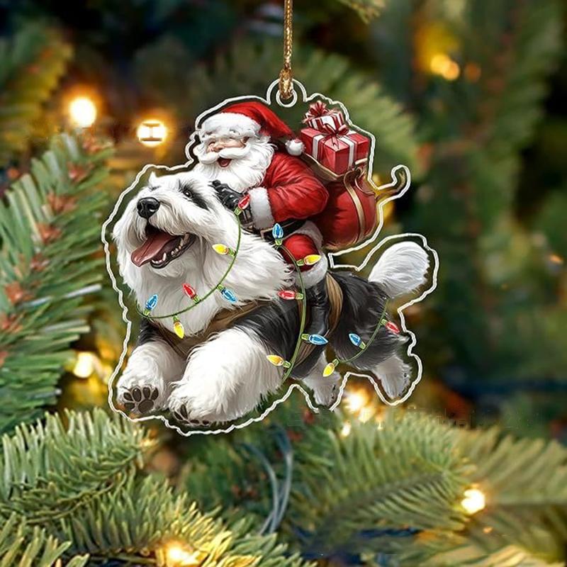 2026 Santa Claus And His Funny Dog Ornament 2D Flat Acrylic Pendant Christmas Decoration For Home Xmas Tree  Year Kerst
