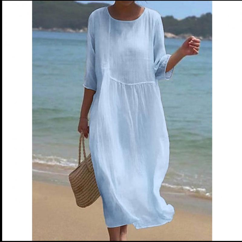 Women's Round Neck 3/4 Sleeve Midi Dress Casual Loose Solid Color Beach Vacation Long Dress