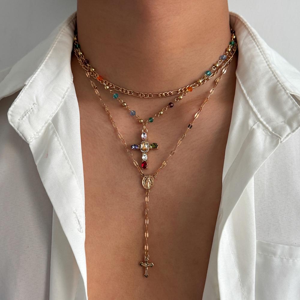 3Pcs/Set Hiphop Colored Zircon Cross Pendant Necklace for Women Men Y2K Punk Multi Layer Gold Color Chain Necklace Jewelry Gifts