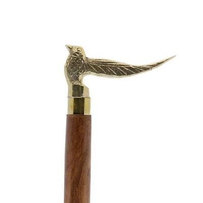 93.98 Cm Bird Walking Stick Brown and Brass Handle In Golden Natural Wood Unisex Cane