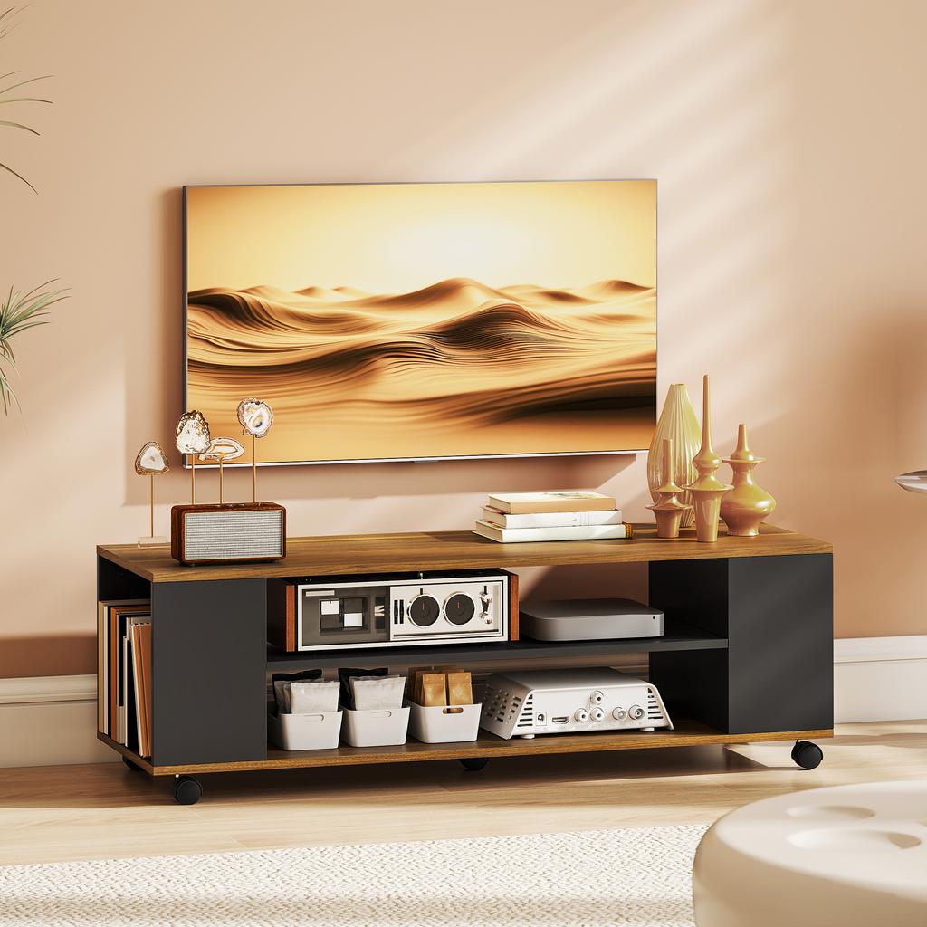Suspended Or Floor Standing TV Cabinet With Wheels 4 Shelves For 55 Inch Television 120x40x38.5 Cm Walnut And Black