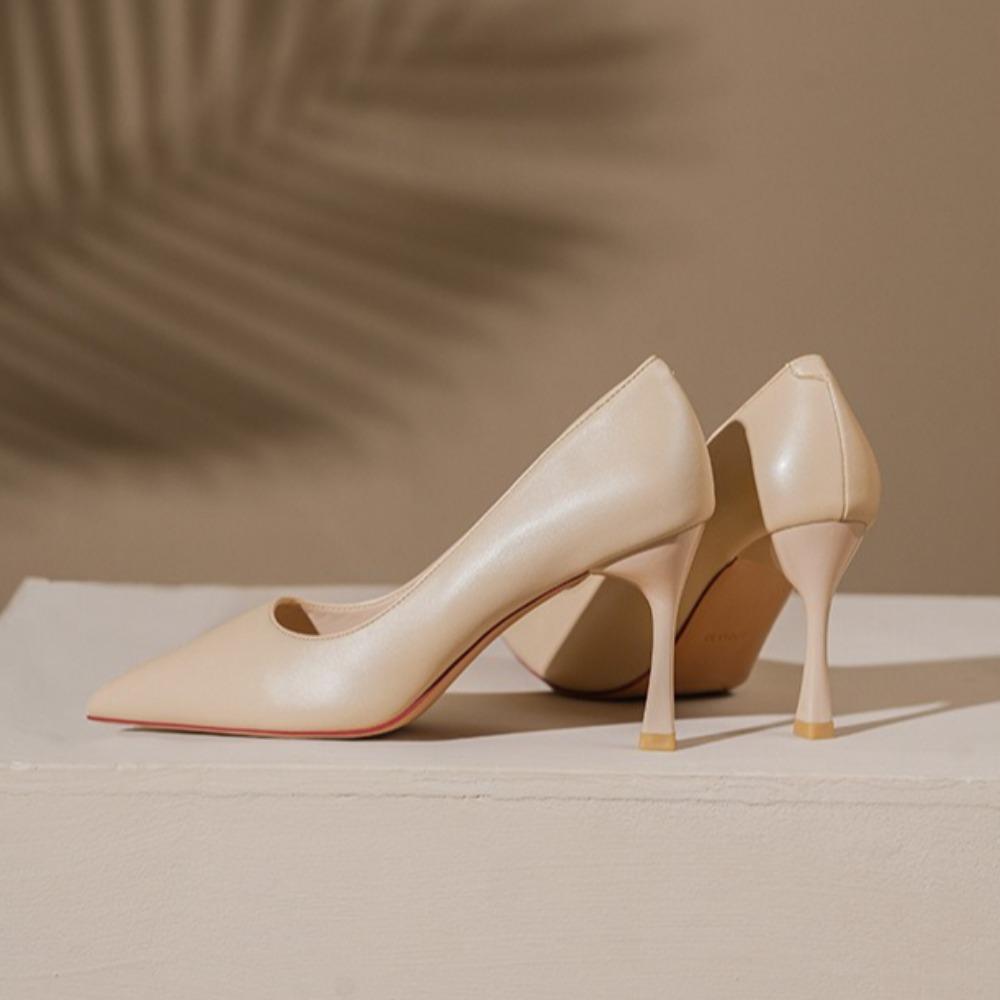 Leather Shoes Women New Nude Color Commuting Professional Pumps Gold Border Strip Comfortable Non Tiring Feet Women's High Heels