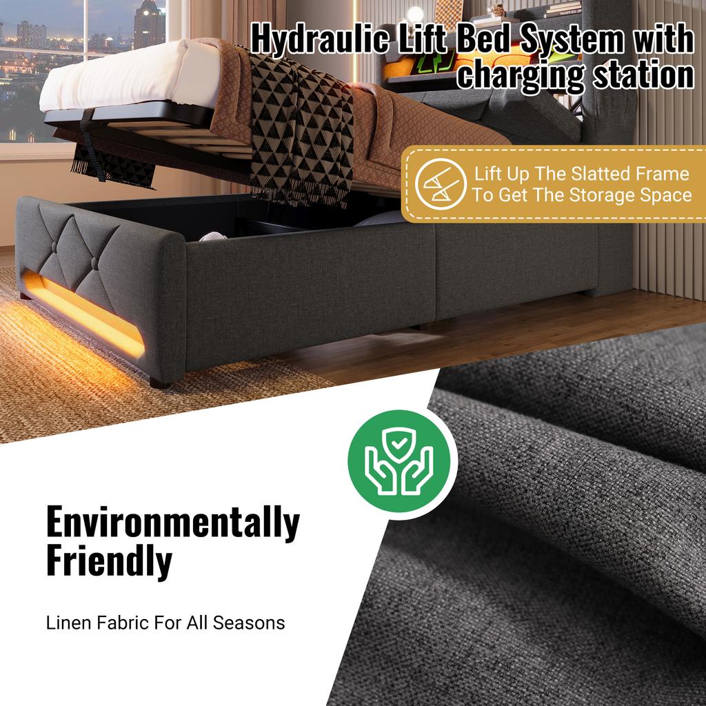 Upholstered Single Bed 90*200, Storage Headboard with USB, Type-C Port, 360 LED Around Head and Foot, Hydraulic Storage, Gray Linen (without Mattress)
