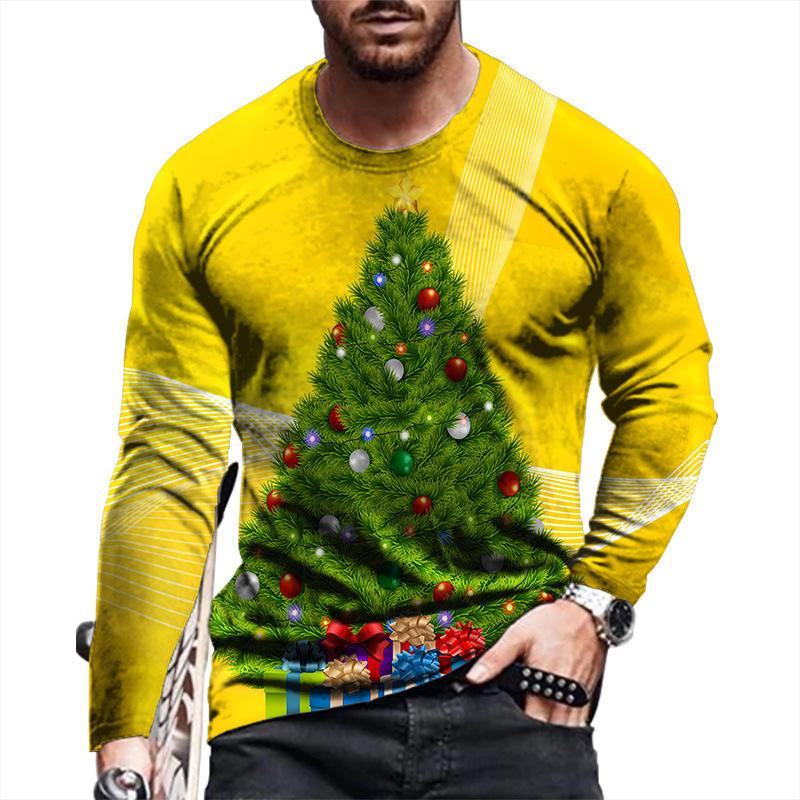 Round Neck 3D Christmas Pattern Top Casual Long Sleeved Men's T-shirts - Soft Medium Stretch Polyester Fabric Spring and Autumn Relaxed Fit Clothing
