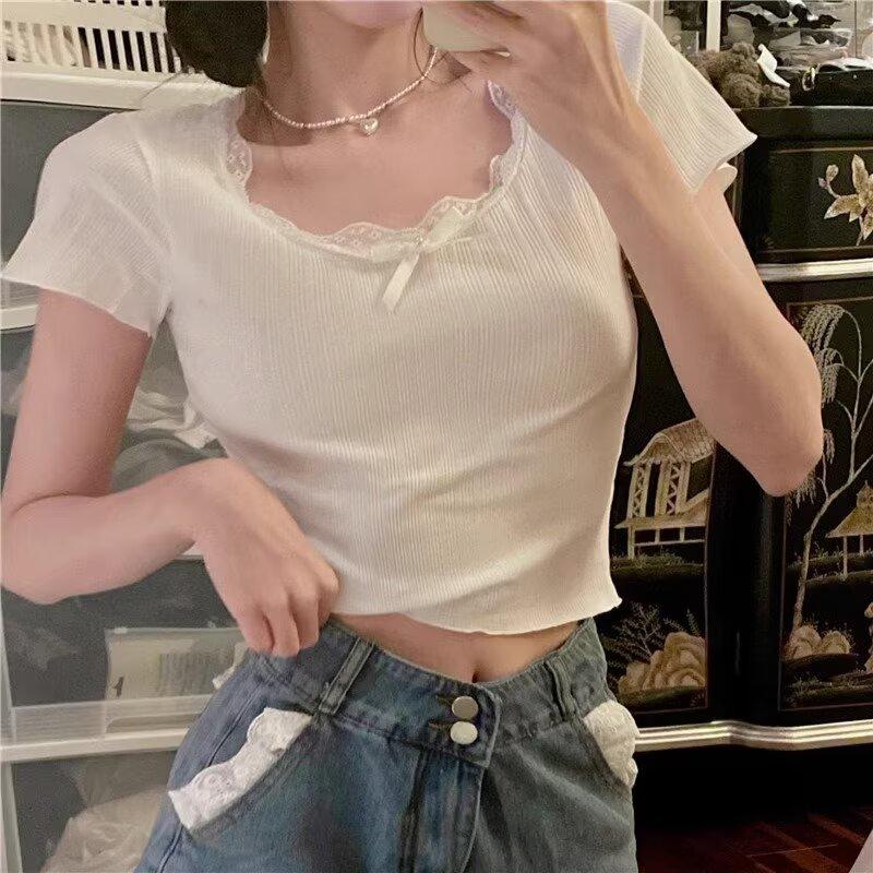 White Cute Short Sleeve Lace T-Shirt Women's Summer Top Sweet Slimming Cropped Tops