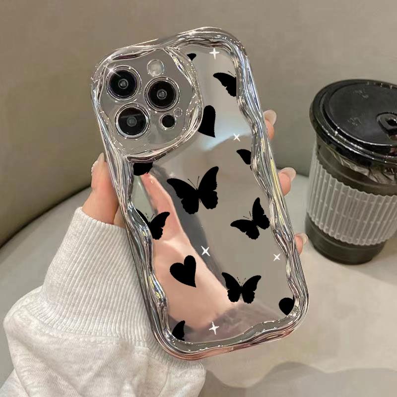 Glossy Plating Butterfly Love Heart Pattern Case For iPhone 15 14 Pro 13 Pro Max 12 11 Wave Frame Soft Shockproof Lens Protection Mirror Phone Cover