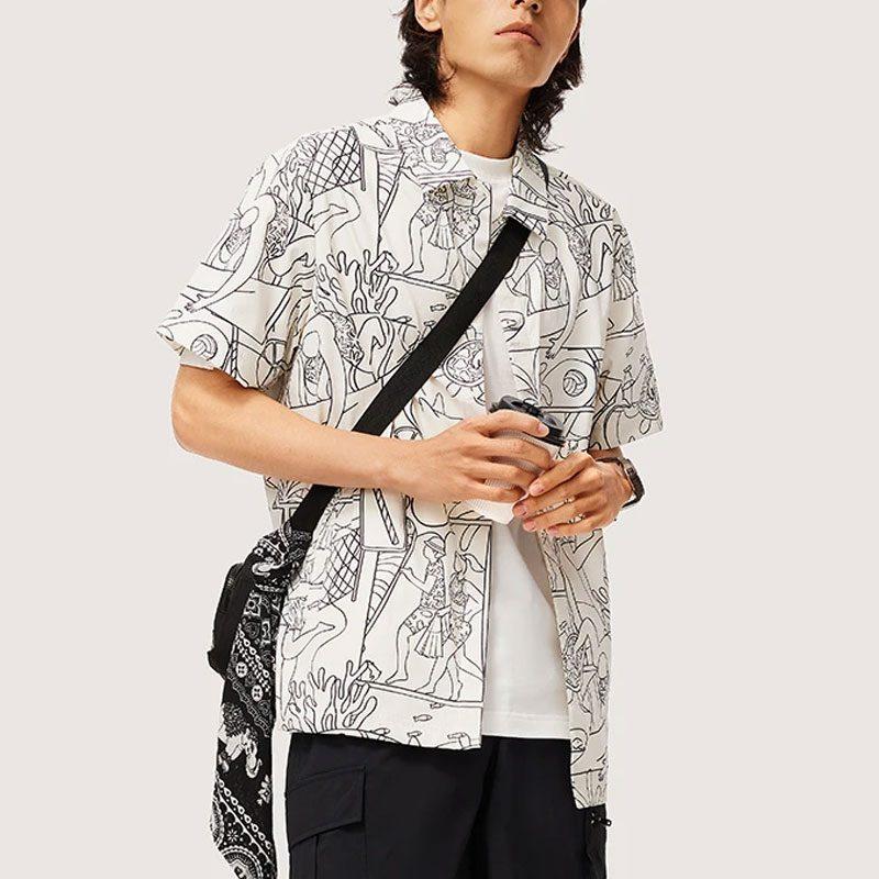 Li Ning Sports Life Collection Shirt Men's Black White Combination Print ASHU237-2