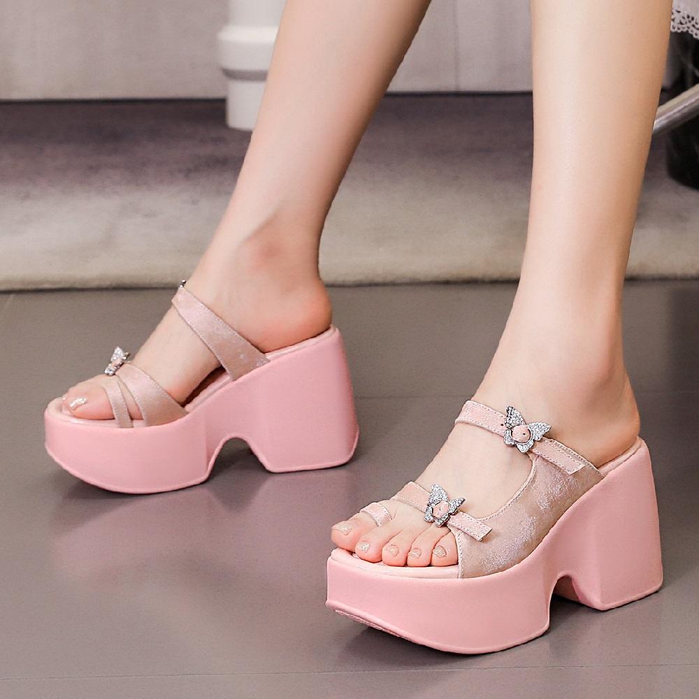 Summer France Style Outside Slim 10 CM High Heels Platform Peep Toe ButterFly Decoration Genuine Leather Women Rome Slippers