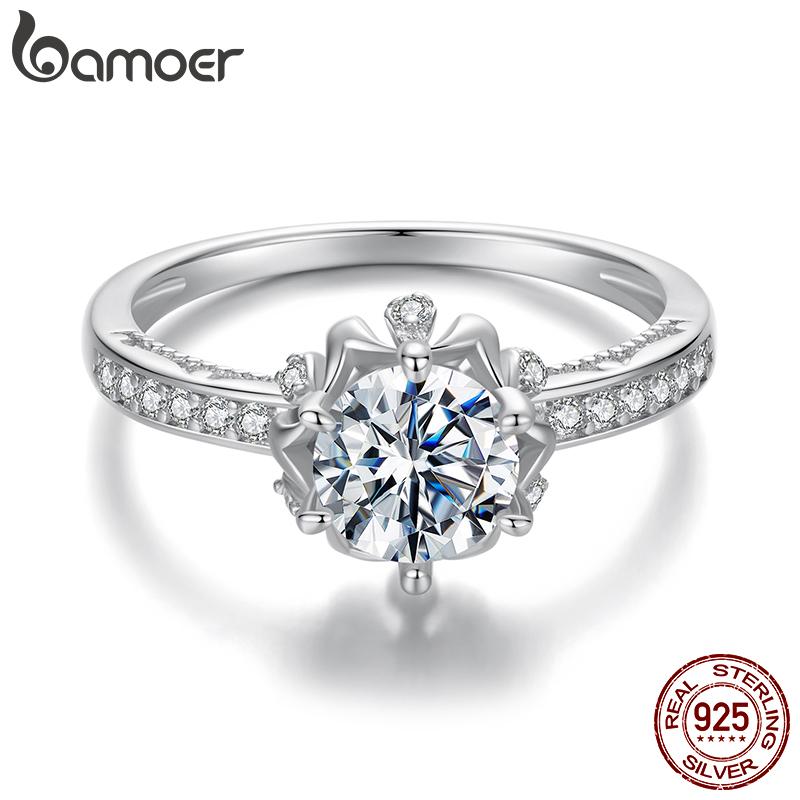 BAMOER D Color VVS1 EX Moissanite Flower Ring 1ct Round Moissanite Diamond Solitaire Engagement 925 Silver Rings For Wo